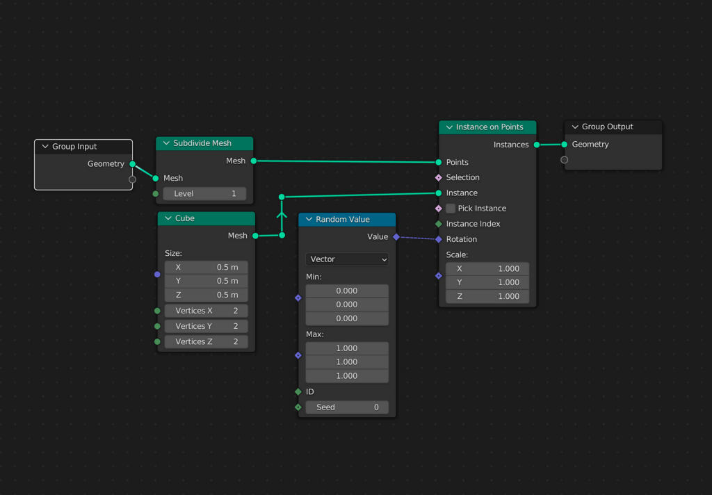Arbol sencillo de nodos, Geomety Nodes de Blender